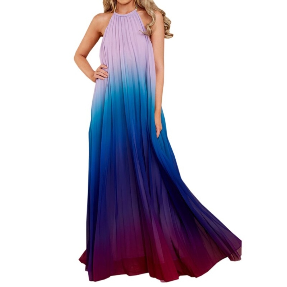 Blue Ombre Pleated Halter Maxi Dress - Plus Size